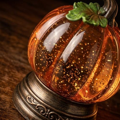 Lighted Pumpkin Snow Globe - Fall Halloween Tabletop Decor, Acrylic, Yellow, 3-Pack
