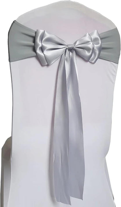 Skiennix Stretch Chair Sashes - Double Bow Spandex Chair Covers for Weddings & Events | Grey, Set of 6