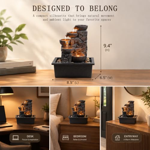 Tabletop Water Fountain 5-Tier Indoor Waterfall with LED Lights - Relaxing Decor
