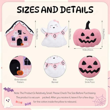 Pink Halloween Pumpkin Throw Pillows Set - Ghost & Boo Decor, 3 Pieces with Embroidered Details