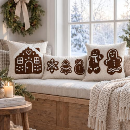 Gingerbread House Christmas Throw Pillow Cover 18x18 - Brown & White, Pack of 1
