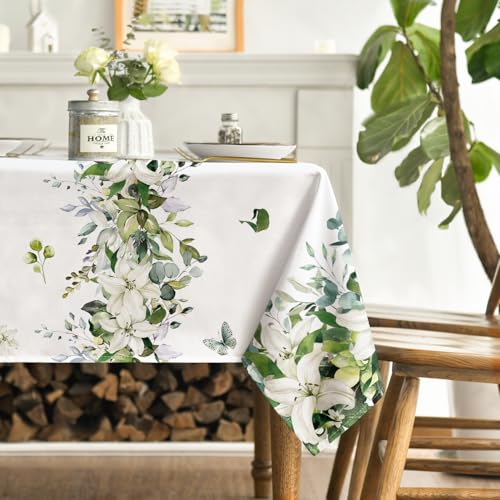 Spring Summer Eucalyptus Table Cloth - 60x120 Inch Rectangular White