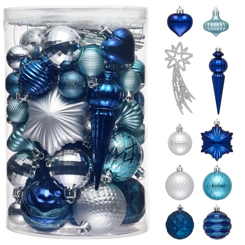 Valery Madelyn Navy Blue & Silver Shatterproof Christmas Ornament Set, 60ct - Var Blue Silver