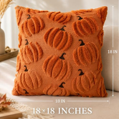 Orange Pumpkin Fall Pillow Covers 18x18 Set of 2 Plush Thanksgiving Decor