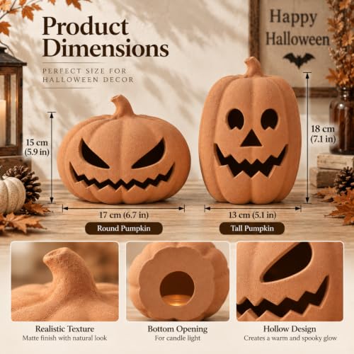 Orange Pumpkin Decor Set - 2 Terracotta Jack O Lanterns for Halloween Indoor & Outdoor