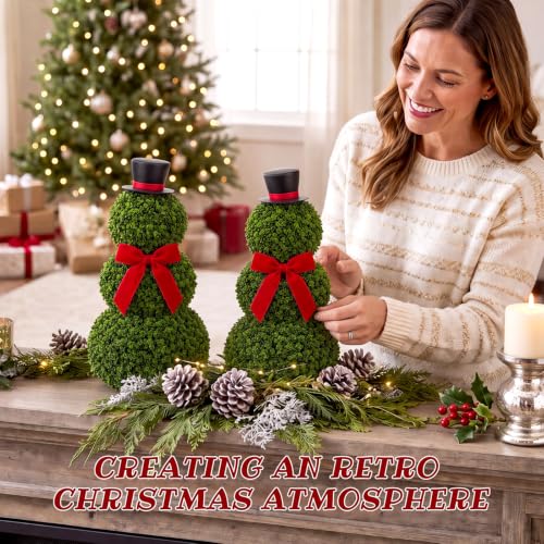 Christmas Snowman Topiary Decor Set - 2 Artificial Holiday Plants, 11.8"