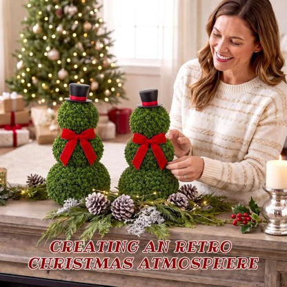 Christmas Snowman Topiary Decor Set - 2 Artificial Holiday Plants, 11.8"