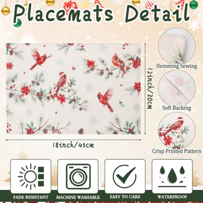 Red Cardinal Bird Christmas Placemats Set of 4 Water Resistant Holiday Table Decor