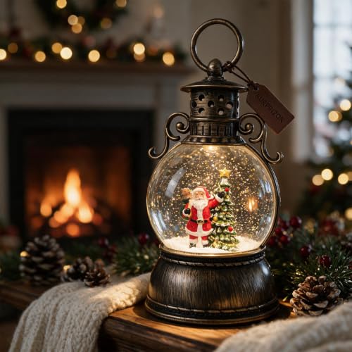Christmas Snow Globe Lantern with Music & LED Lights - Santa Scene, USB & Battery Powered