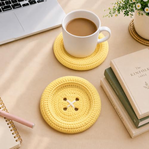 Button Crochet Coaster Handmade Yellow Drink Coaster 1Pc - Adorable Home Decor
