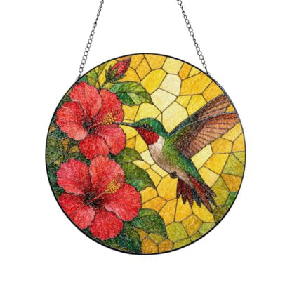 Hummingbird Stained Glass Window Hanging Sun Catcher - 6in Hibiscus Variation