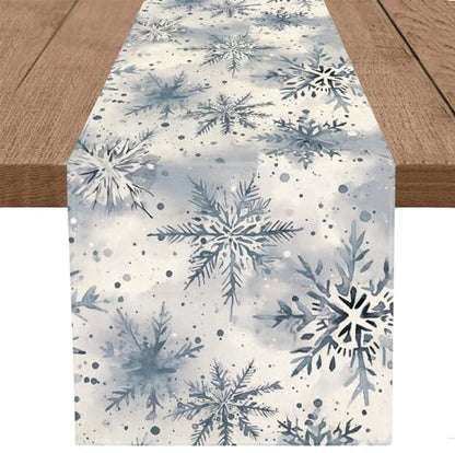 Winter Snowflake Christmas Table Runner 13 x 36 Inch Watercolor Farmhouse Decor
