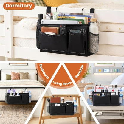 Black Bedside Caddy for Dorm Bed - Hanging Organizer with Reinforced Support