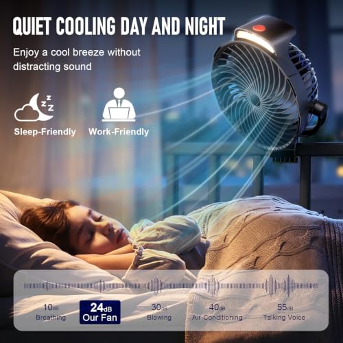 Rechargeable Clip-On Fan with LED Light - 8-Inch, 9 Speeds, 30H Run, Black