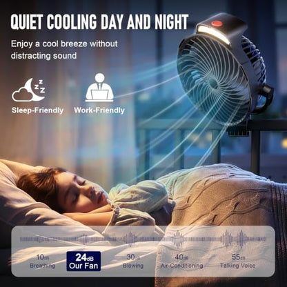 Rechargeable Clip-On Fan with LED Light - 8-Inch, 9 Speeds, 30H Run, Black