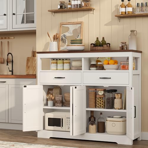 Knoworld White Farmhouse Sideboard Buffet Cabinet with Storage & Shelves - 47"