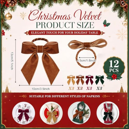 Christmas Bow Napkin Rings Set of 12 Velvet Holiday Table Decor Multicolor 1