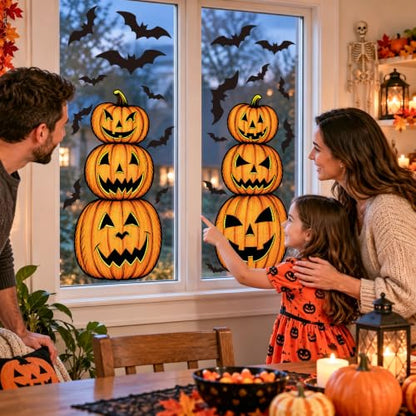 Halloween Window Clings Set - Extra Large Spooky Pumpkin and Bat Designs
