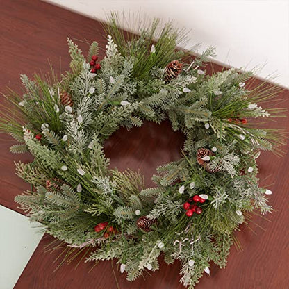18-Inch Pre-lit Christmas Wreath with Battery-Operated LED Lights, Flocked Branches — Indoor & Outdoor Decor