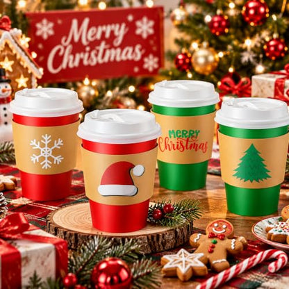 Christmas Coffee Cup Set 8 oz with Lids & Sleeves - Red & Green, 200 Count