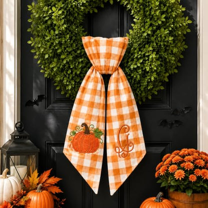 Personalized Pumpkin Wreath Sash - Style 03 Embroidered Monogram Bow for Fall Decor