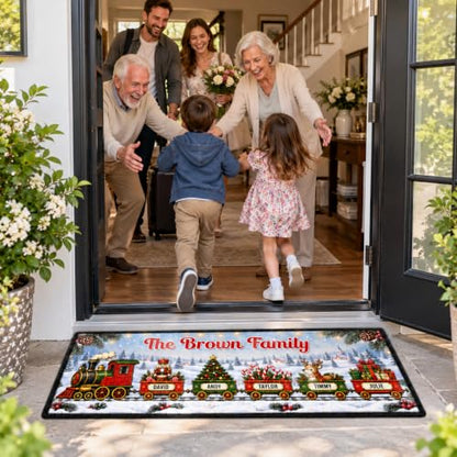 Holiday Family Train Entryway Rug with Custom Names and Numbers - Christmas Decor