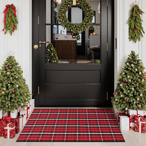 Christmas Door Mat 28x43 Buffalo Plaid Cotton Washable Rug - Red & Black Variation