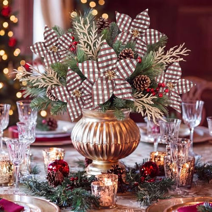 White Plaid Christmas Poinsettia Ornaments - 9 Inch Set of 12 with Gold Beads & Glitter