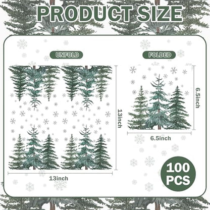 100 Pcs Christmas Tree Napkins 6.5 x 6.5 Inch Biodegradable 2-Ply Snowflake Pine Design