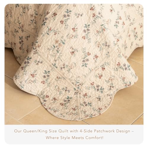 Floral Queen Quilt Set - 100% Cotton, Ditsy Vintage Bedspread, 3 Pieces - Queen (90x98) - Neutral Base