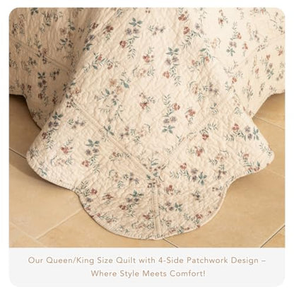 Floral Queen Quilt Set - 100% Cotton, Ditsy Vintage Bedspread, 3 Pieces - Queen (90x98) - Neutral Base