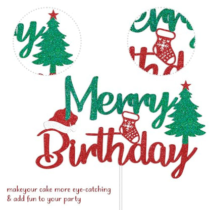 Christmas Cake Topper - Merry Birthday Decorations with Red & Green Glitter