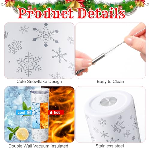 Snowflake Tumbler with Lid & Straw - 20 oz Stainless Steel, White - Geiserailie