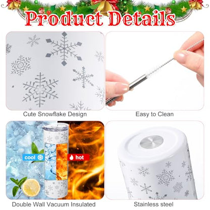 Snowflake Tumbler with Lid & Straw - 20 oz Stainless Steel, White - Geiserailie