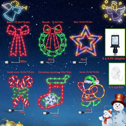 Christmas Window Silhouette Lights - 16 Inch LED Holiday Decorations with Variation Wreath & Bow & Star & Candy Cane & Santa & Stocking