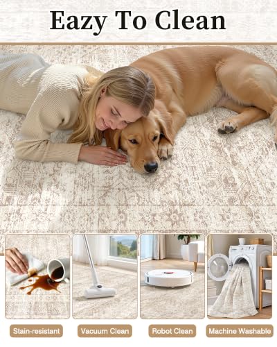Vintage Beige 8x10 Washable Rug - Foldable, Soft, Stain-Resistant Area Rug