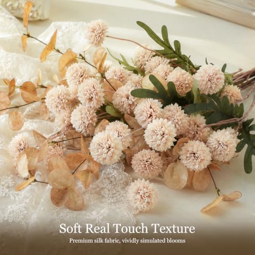 Artificial Flowers Set - 12Pcs Faux Silk Pompon Mums & Eucalyptus Beige