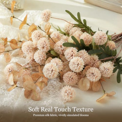 Artificial Flowers Set - 12Pcs Faux Silk Pompon Mums & Eucalyptus Beige