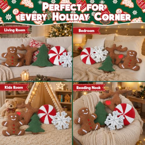 Christmas Throw Pillows 5 Pack - Cute Xmas Tree Candy Gingerbread Reindeer Snowflake Plush Decor - Variation of THIS listing
