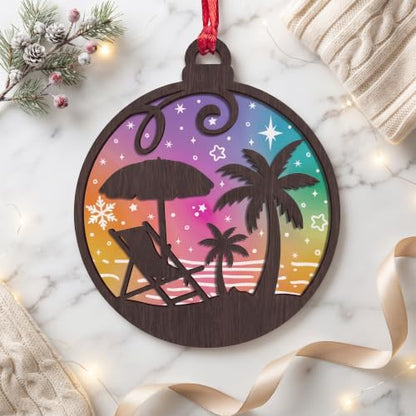 Beach Palm Christmas Ornament - Coastal Holiday Tree Decor, 4 Inch Plywood & Frosted Acrylic