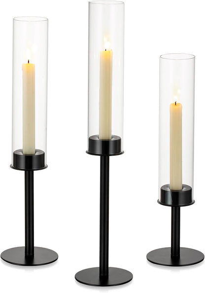 NUPTIO Black Candlestick Holders - Set of 3 Hurricane Taper Holders with Windproof Glass Cover for Elegant Table Decor