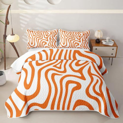 Orange White Twin Geometric Quilt Set with Pillowcase - Modern Wave Lines Bedspread