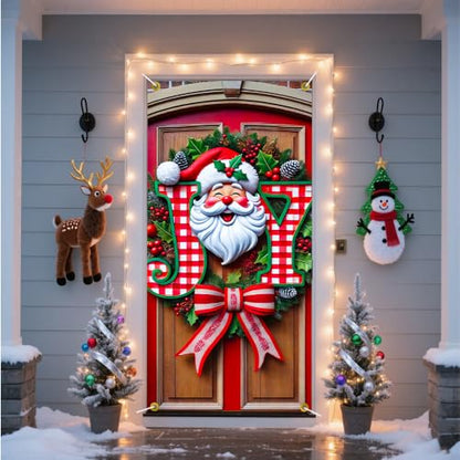 JOY Santa Face Door Cover with Gingham Letters - Red Christmas Decoration - Variation 01