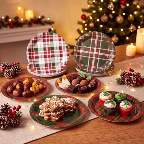 Christmas Plaid Paper Plates 7 Inch - 48 Pack Red Green White Festive Design
