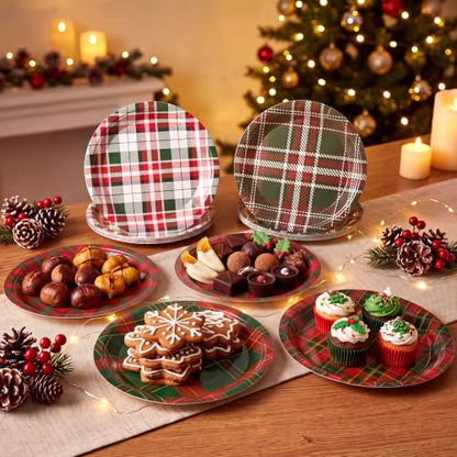 Christmas Plaid Paper Plates 7 Inch - 48 Pack Red Green White Festive Design
