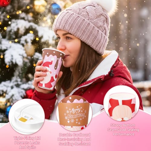 60 Pack Christmas Coffee Cups with Lids & Sleeves - 16 oz Festive Holiday Design Snowflakes Santa Gingerbread Polka Dots