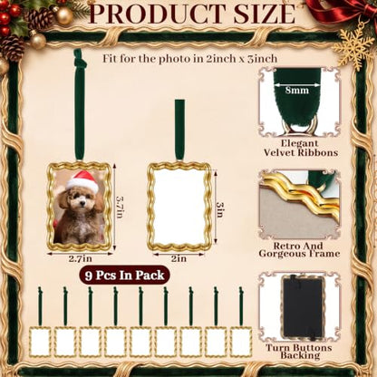 9 Pcs Christmas Photo Frame Ornament for Tree Gold Scalloped Emerald Green