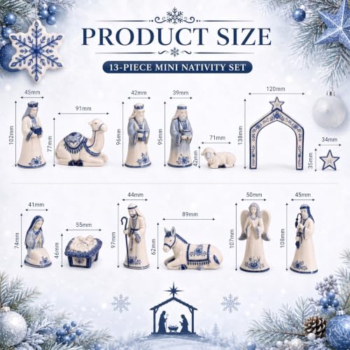 Chinoiserie Blue and White Wooden Nativity Set - 13 Pieces Mini Manger Decor