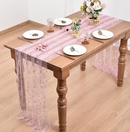 Pink Snowflake Table Runner 28x120 Inches Glitter Winter Decor Set of 4