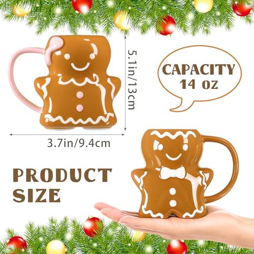 Gingerbread Man Christmas Ceramic Mug Set - 14 oz, 3D Holiday Coffee Cups